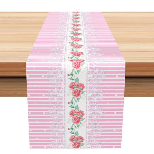 Lofaris White Pink Stripe Floral Valentines Day Table Runner