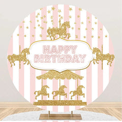 Lofaris White Pink Stripes Circus Round Birthday Backdrop