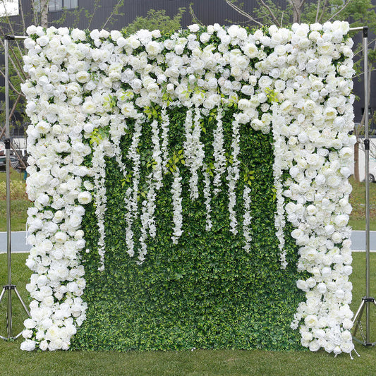 Lofaris White Rose Green Leaves Faux Floral Wall Backdrop