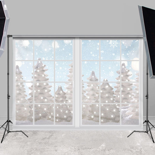 Lofaris White Snowy World Glitter Window Backdrops for Winter