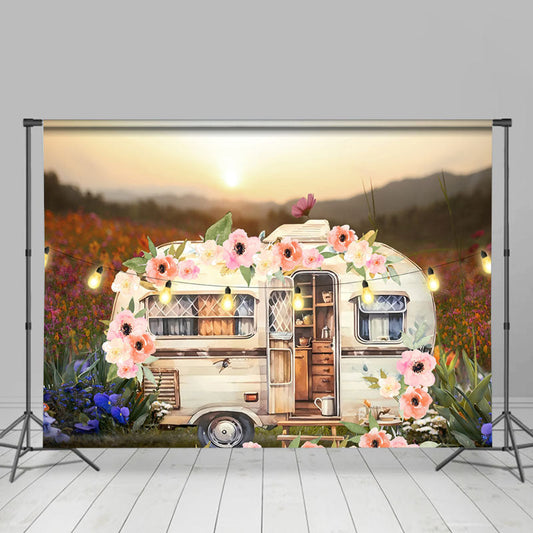 Lofaris White Touring Car Wild Light Flowers Spring Backdrop