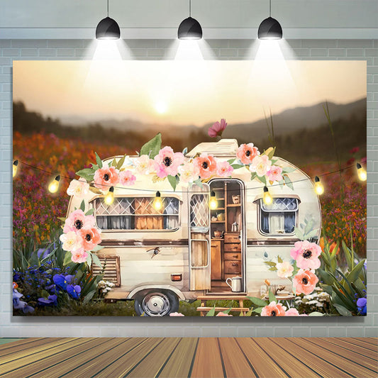 Lofaris White Touring Car Wild Light Flowers Spring Backdrop