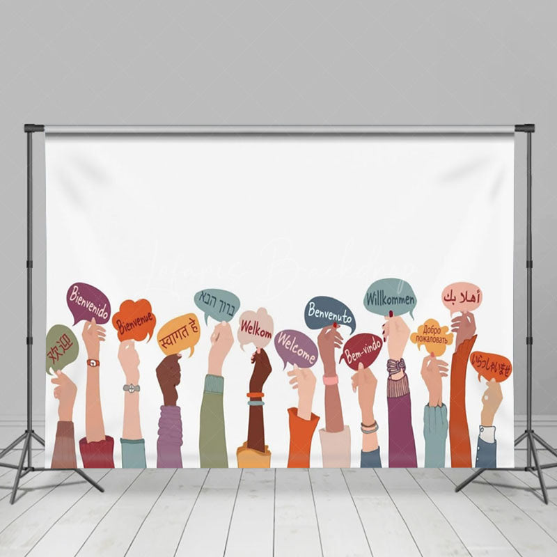 White Various Languages Hands Welcome Party Backdrop - Lofaris