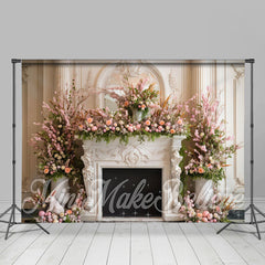 Lofaris White Wall And Pink Flower Fireplace Easter Backdrop