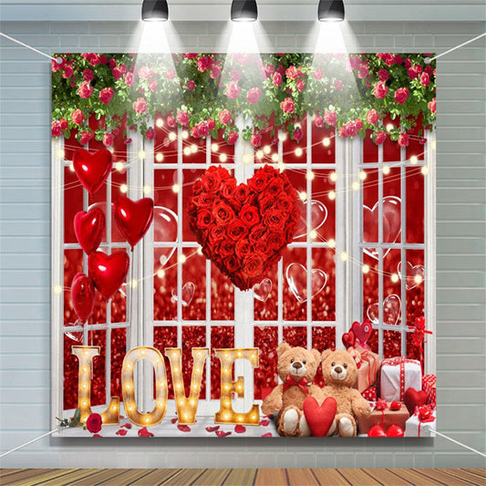 Lofaris White Window Rose Heart Bear Valentines Day Backdrop