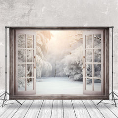 Lofaris White Window Snowy Forest Winter Backdrop For Photo