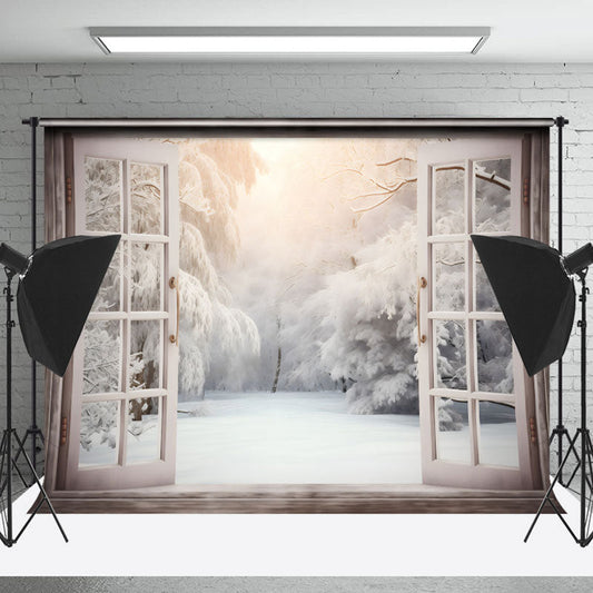 Lofaris White Window Snowy Forest Winter Backdrop For Photo