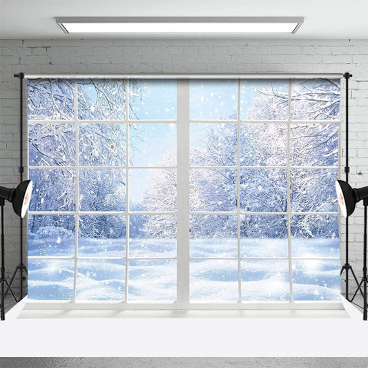 Lofaris White Window Snowy World Forest Winter Backdrop