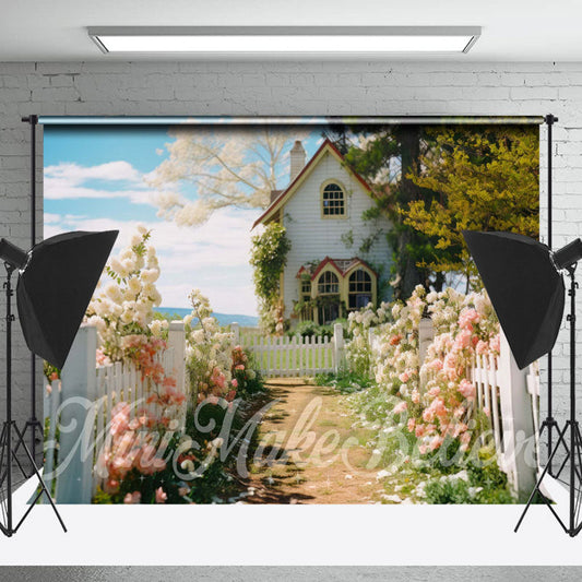 Lofaris White Wood Fence Flower House Photo Spring Backdrop