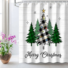 Lofaris White Wood Green Xmas Tree Christmas Shower Curtain