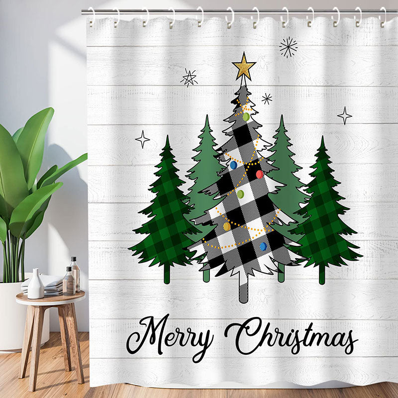 Lofaris White Wood Green Xmas Tree Christmas Shower Curtain