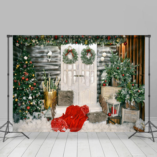 Lofaris White Wood Wall Door Green Tree Christmas Backdrop
