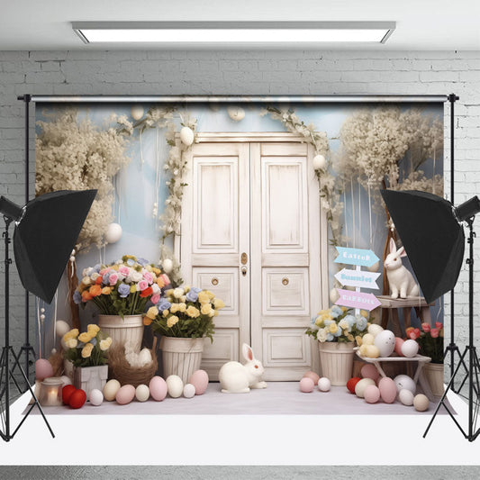Lofaris White Wooden Door Floral Bunnies Easter Backdrop
