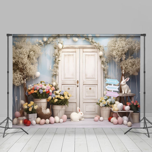 Lofaris White Wooden Door Floral Bunnies Easter Backdrop
