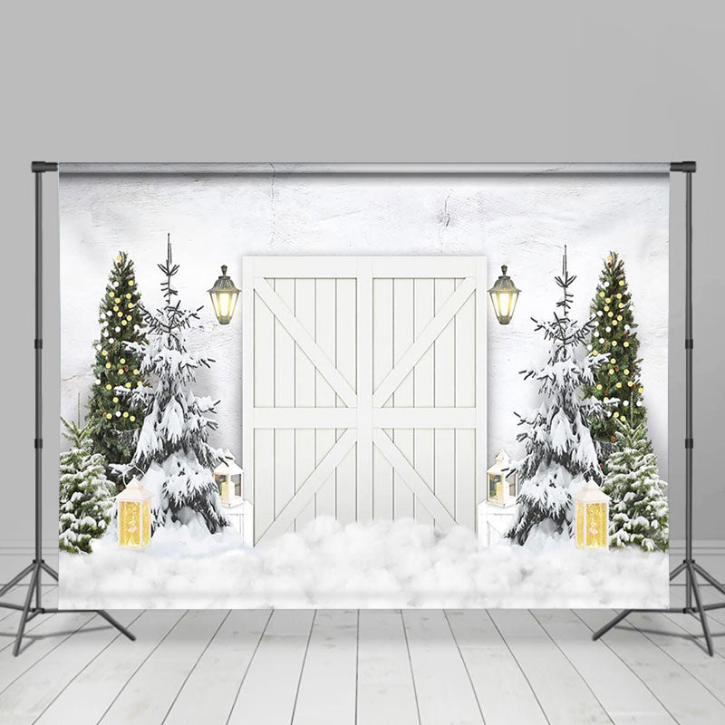 Lofaris White Wooden Door Pine Tree Snow Winter Backdrop