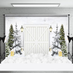 Lofaris White Wooden Door Pine Tree Snow Winter Backdrop