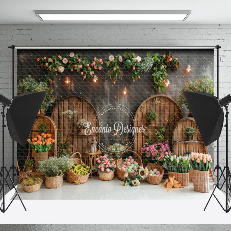 Lofaris Whitish Black Arch Floral Eggs Easter Photo Backdrop