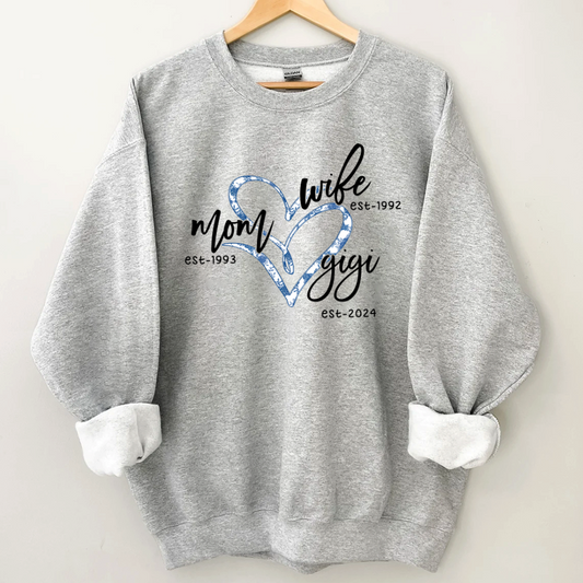 Lofaris Wife Mom Gigi Est Year Blue Flower Heart Sweatshirt