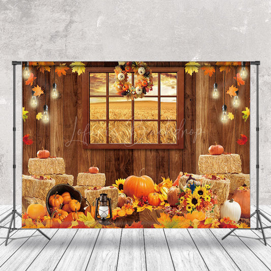 Lofaris Window Wheat Field Autumn Pumpkin Harvest Backdrop