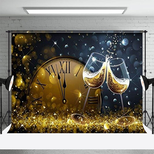 Lofaris Wine Glass Twelve Clock Gold Bokeh New Year Backdrop