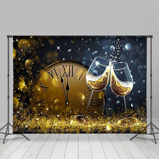Lofaris Wine Glass Twelve Clock Gold Bokeh New Year Backdrop