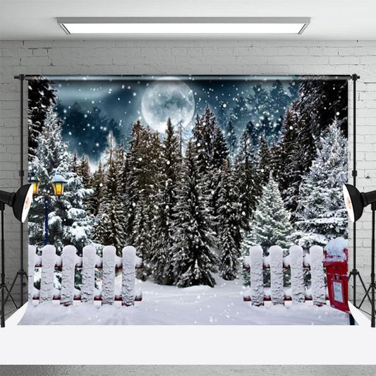 Lofaris Winter Full Moon Night Pine Forest Fence Backdrop