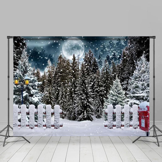Lofaris Winter Full Moon Night Pine Forest Fence Backdrop