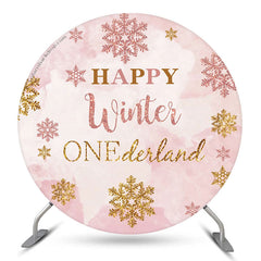 Lofaris Winter Pink Snowflake Round Happy 1st Birthday Backdrop