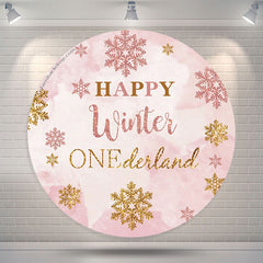 Lofaris Winter Pink Snowflake Round Happy 1st Birthday Backdrop