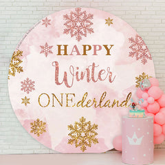 Lofaris Winter Pink Snowflake Round Happy 1st Birthday Backdrop