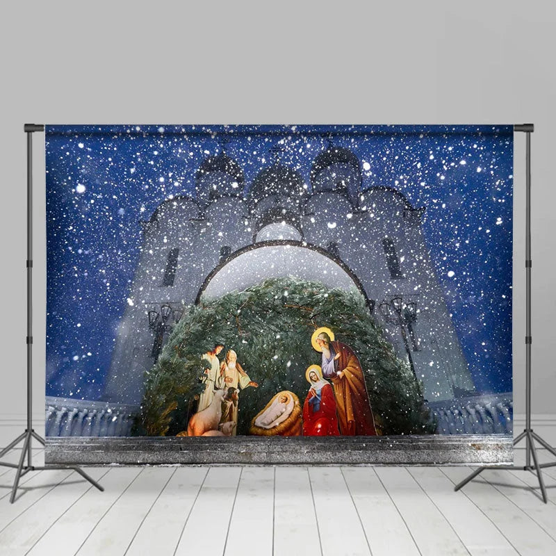 Lofaris Winter Snow Night Nativity Photo Christmas Backdrop