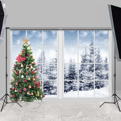 Lofaris Winter Snow Pines With Chrismas Tree Window Backdrop