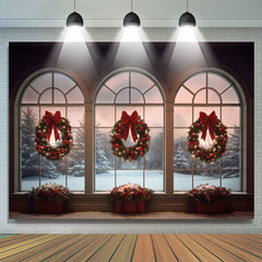 Lofaris Winter Window Christmas Wreath Bowknot Photo Backdrop