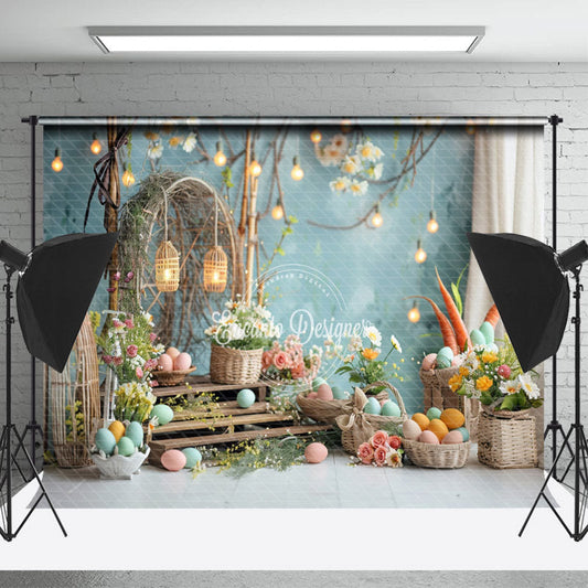 Lofaris Wood Arch Bluish Wall Bokeh Floral Easter Backdrop