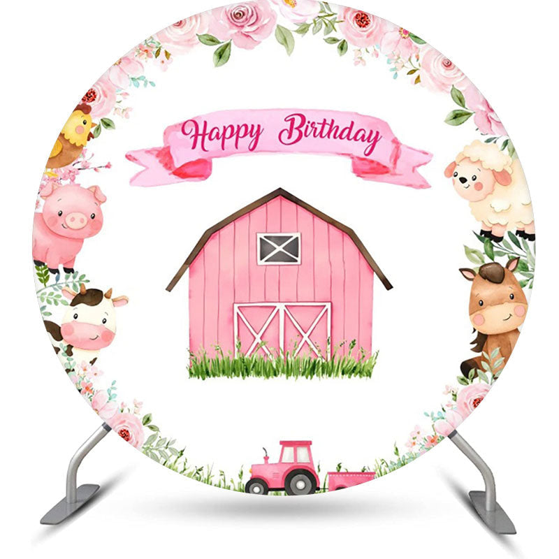 Lofaris Wood Barn Grass Animal Truck Round Birthday Backdrop