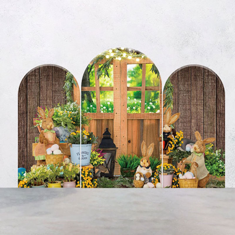 Lofaris Wood Brown Door Egg Bunny Easter Arch Backdrop Kit