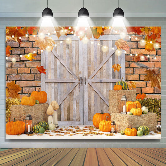 Lofaris Wood Door Pumpkin Maple Leaves Light Autumn Backdrop