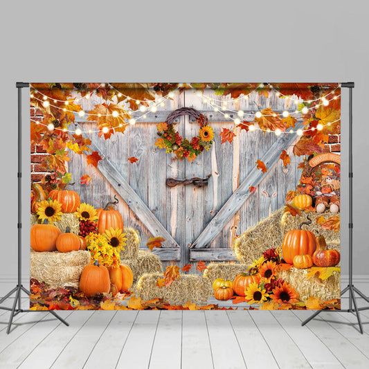 Lofaris Wood Door Red Brick Wall Maples Pumpkin Autumn Backdrop