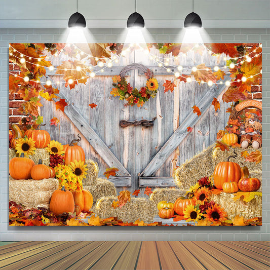Lofaris Wood Door Red Brick Wall Maples Pumpkin Autumn Backdrop