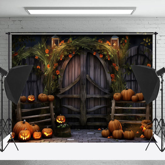 Lofaris Wood Door Spooky Pumpkin Halloween Photo Backdrop