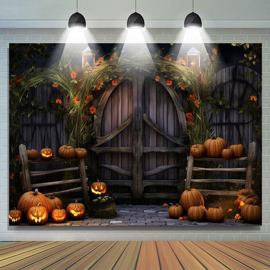 Lofaris Wood Door Spooky Pumpkin Halloween Photo Backdrop