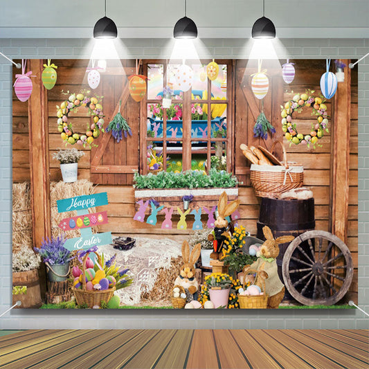 Lofaris Wood Farm Window Floral Eggs Rabbit Easter Backdrop