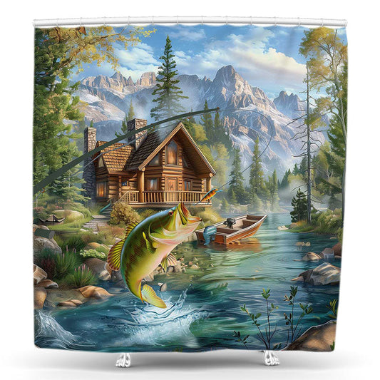 Lofaris Wood House Fish Lake Tree Mountain Shower Curtain