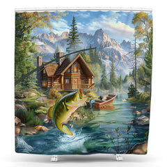Lofaris Wood House Fish Lake Tree Mountain Shower Curtain