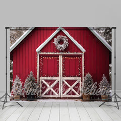 Lofaris Wood Red House Door Abies Merry Christmas Backdrop