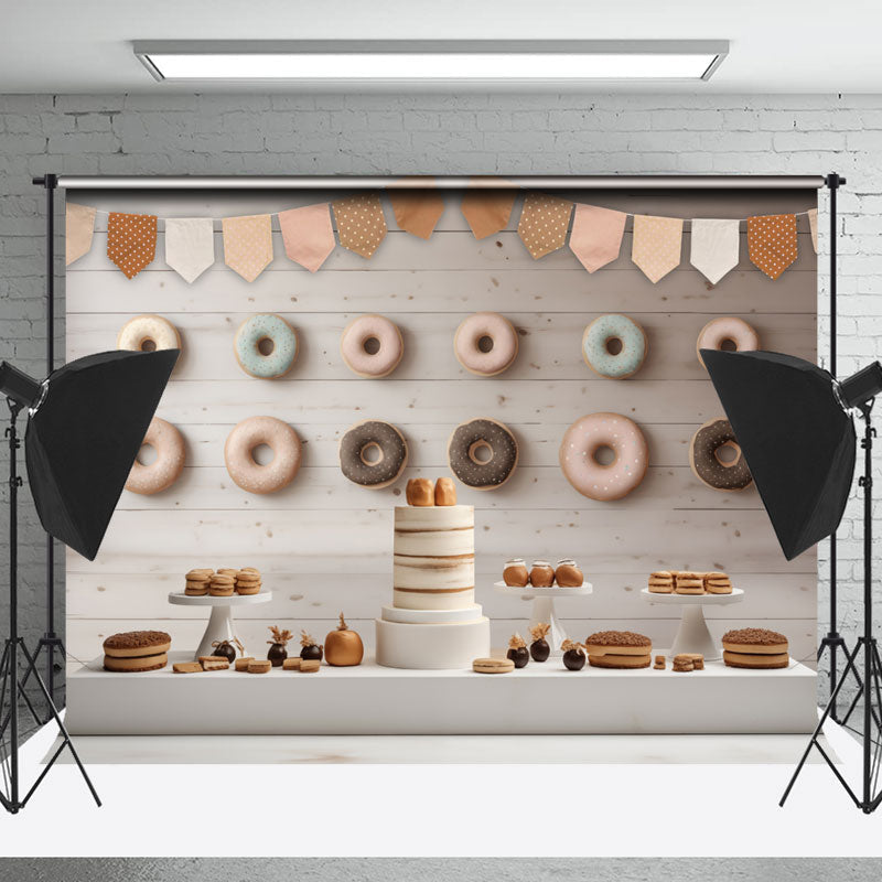 Cake Making Activity Backdrop Wood Wall Donut Dessert Birthday Cake Smash Backdrop - Lofaris