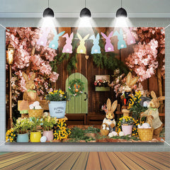 Lofaris Wood Wall Floral Bunny Stuffed Toys Easter Backdrop