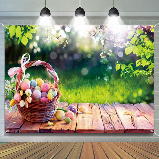 Lofaris Wooden Basket Egg Green Leaves Bokeh Easter Backdrop
