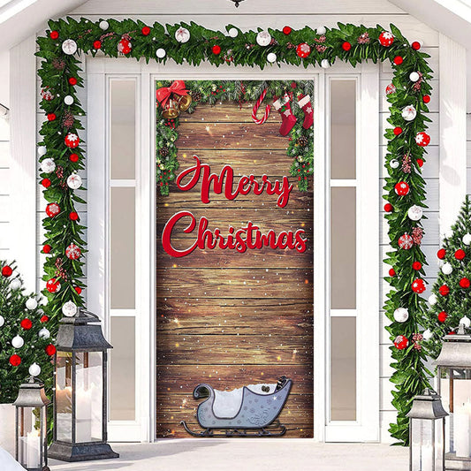 Lofaris Wooden Board Sleigh Plants Christmas Door Cover