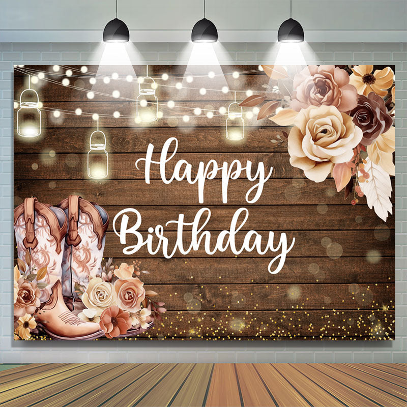 Lofaris Wooden Cowboy Floral Light Bokeh Birthday Backdrop